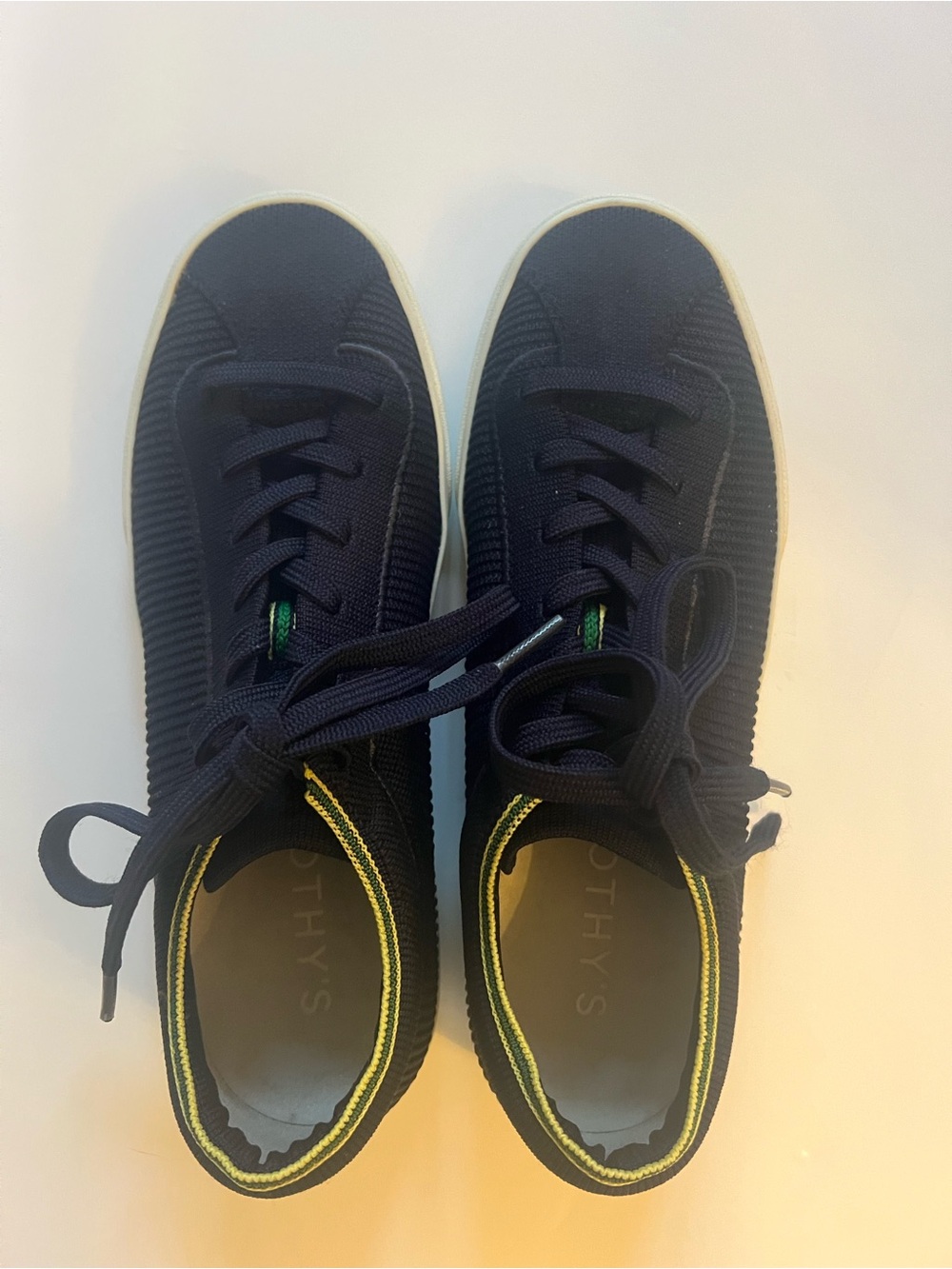 Rothy’s The Lace Up Knit Comfort Casual Sneaker in Navy& Lime Green Trim - Picture 2 of 12